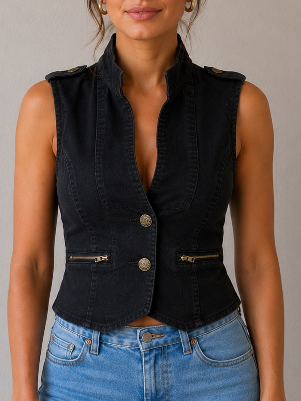 XOXO BLACK MILITARY FITTED VEST | MOTO STYLE | GOLD BUTTON FRONT |LAYERING PIECE